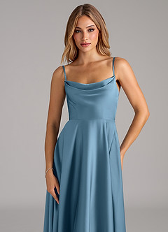 Azazie Elle Bridesmaid Dresses Steel Blue A-Line Pleated Stretch Satin Dress image2