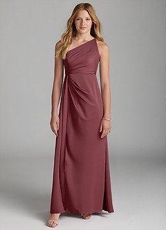 Azazie Mika Junior Robe Trapèze en Satin extensible Plissée Rose Du Désert image3