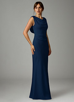 Azazie Kieryn Robes de demoiselle d'honneur Robe Sirène en Satin extensible Plissée Bleu Marine Foncé image4