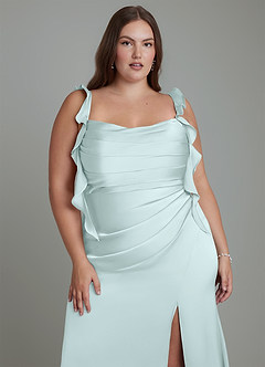 Azazie Jessamine Bridesmaid Dresses Sea Glass Sheath Corset Stretch Satin Dress image10