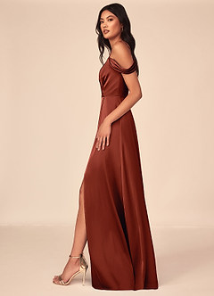 Azazie Ocean Brautjungfernkleider A-Linie V-Hals Gefaltet Stretch-Satin Kleid Terrakotta image3