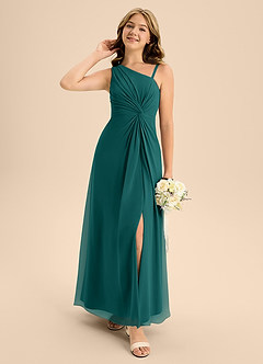 Azazie Brooke Junior Abito A-Line in Chiffon Spacco Laterale Verde Pavone image1