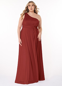 Azazie Brooke Bridesmaid Dresses Rust A-Line One Shoulder Mesh Dress image6