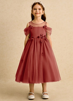 Azazie Juni Flower Girl Dresses Terracotta Ball-Gown Pleated Tulle Dress image5
