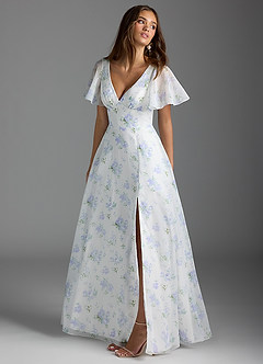 Azazie Kimber Bridesmaid Dresses Blue Vintage Floral A-Line Flounce Sleeve Chiffon Dress image1