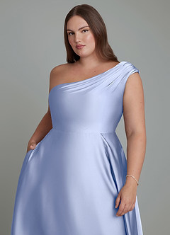 Azazie Melanie Vestidos de damas de honor Vestido Hielo de Satén Elástico de Línea A con Hombros descubiertos image12