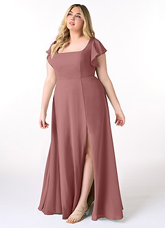 Azazie Bondi Vestidos de damas de honor Vestido de Rosa Del Desierto de Gasa de Corte en A con Volantes image9