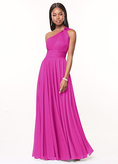 Azazie Charlize Final Sale Fuchsia A-Line One Shoulder Mesh Dress image1