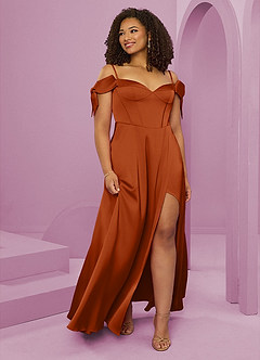 Barbie ♥ Azazie Bridesmaid Dresses Burnt Orange A-Line Off the Shoulder Stretch Satin Dress image5