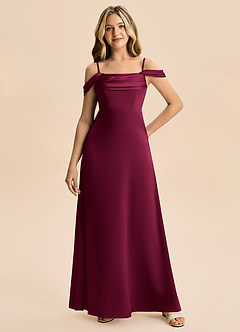 Azazie Lettie Junior Burgundy A-Line Off the Shoulder Stretch Satin Dress image4