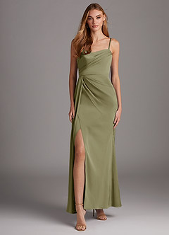 Azazie Bona Schlussverkauf A-Linie V-Hals Gefaltet Stretch-Satin Kleid Pistazie image3