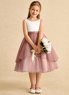 Azazie Rene vestidos de niña de las flores Vestido de Marfil Rosa De Cedro de Tul de Corte En A con Lazo image6