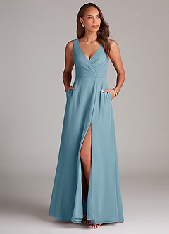 Azazie Nelly Bridesmaid Dresses Moody Blue A-Line Pleated Chiffon Dress image2