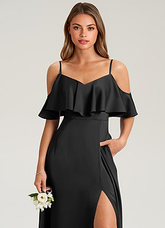 Azazie Jean Bridesmaid Dresses Black A-Line Off the Shoulder Stretch Satin Dress image6