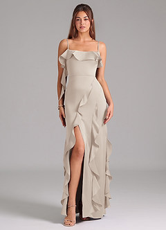 Azazie Malia Robes de demoiselle d'honneur Robe Trapèze en Satin extensible Fente Latérale Givre image3