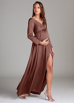 Azazie Teton Final Sale A-Line Long Sleeve Stretch Satin Floor-Length Dress image3
