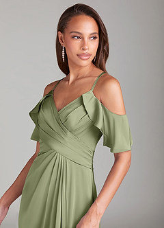 Azazie Dakota Jurken voor bruidsmeisjes Jurk van Stretch Satijn met A-lijn Off-shoulder Tuinsalie image5