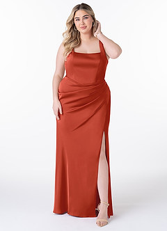 Azazie Mero Bridesmaid Dresses Rust Sheath Pleated Stretch Satin Dress image6