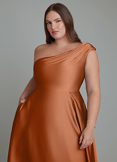 Azazie Melanie Robes de demoiselle d'honneur Robe Trapèze en Satin extensible Épaules dénudées Cuivre image12
