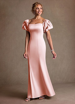 Azazie Redding Mother of the Bride Dresses Blushing Pink Sheath Ruched Stretch Satin Dress image3