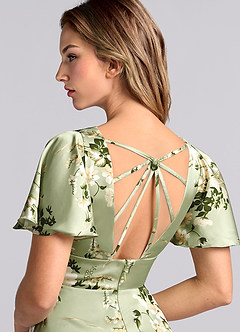 Azazie Lani Bridesmaid Dresses Floral Vines A-Line Flounce Sleeve Stretch Satin Dress image6