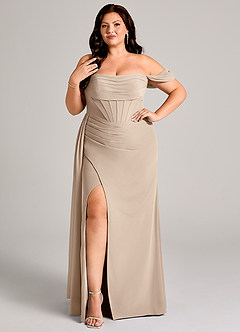 Azazie Amyra Bridesmaid Dresses Taupe Sheath Off the Shoulder Chiffon Convertible Dress image9