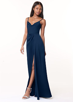 Azazie Brielle Robes de demoiselle d'honneur Robe Trapèze en Satin extensible Bretelles spaghetti Bleu Marine Foncé image3