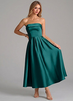Azazie Lucienne Bridesmaid Dresses Peacock A-Line Pleated Stretch Satin Dress image5