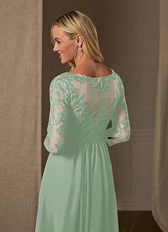 Azazie Hayek At-home Try On Dresses Agave A-Line V-Neck Lace Chiffon Dress image6