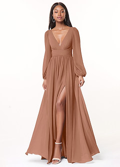 Azazie Norah Bridesmaid Dresses Bronzer A-Line V-Neck Long Sleeve Chiffon Dress image1