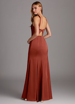 Azazie Elana Bridesmaid Dresses Terracotta Sheath Side Slit Stretch Satin Dress image2