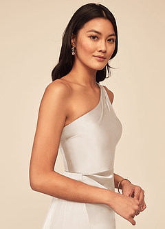 Azazie Maron Bridesmaid Dresses White Alabaster A-Line One Shoulder Stretch Satin Dress image5