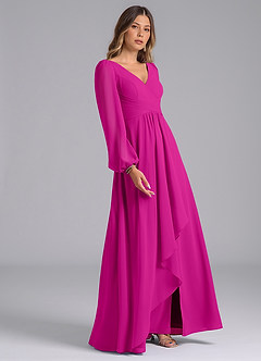 Azazie Omari Vestidos de damas de honor Vestido de Fucsia de Gasa de Corte en A con Manga larga image5