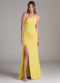 Azazie Eren Vestidos de damas de honor Vestido de Canario de Gasa de Corte Recto con Hombro unilateral image3