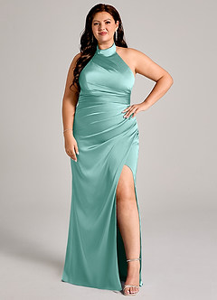 Azazie Jemma Vestidos de damas de honor Vestido de Aqua de Satén Elástico de Corte Recto con Plisado image10