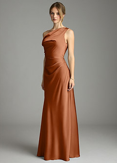 Azazie Emerson Bridesmaid Dresses Copper Mermaid Off the Shoulder Stretch Satin Dress image2