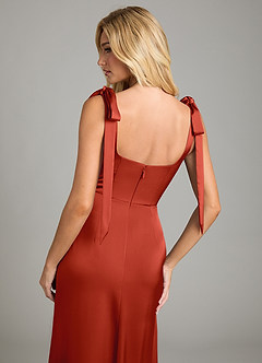 Azazie Frostine Bridesmaid Dresses Rust A-Line Bow Stretch Satin Dress image6