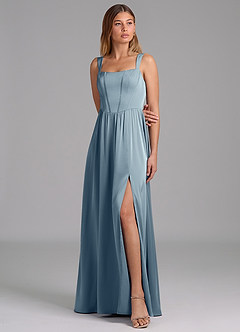 Azazie Rosaline Bridesmaid Dresses Dusty Blue A-Line Side Slit Stretch Satin Dress image4