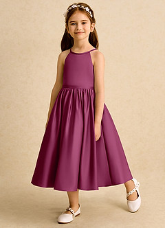 Azazie Indi Flower Girl Dresses Mulberry A-Line Bow Matte Satin Dress image3