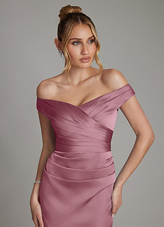 Azazie Teyana Bridesmaid Dresses Vintage Mauve Sheath Off the Shoulder Stretch Satin Dress image2