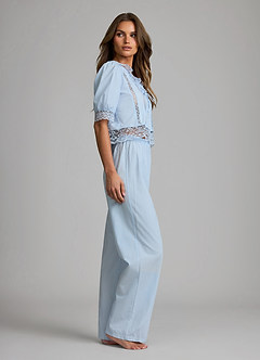 front Pyjama-Set aus Lyocell-Baumwolle mit V-Ausschnitt, Spitzeneinsatz, kurzen Ärmeln und langer Hose