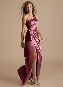 Azazie Maive Bridesmaid Dresses Desert Rose Sheath Ruched Metallic Satin Dress image5