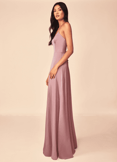Azazie Mei Vestidos de damas de honor Vestido de Rosa Polvorienta de Satén Elástico de Corte en A con Cuello en V image4