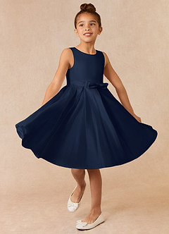 Azazie Coco Flower Girl Dresses Dark Navy A-Line Bow Matte Satin Dress image1