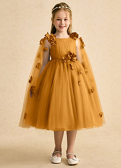 Azazie Staria Flower Girl Dresses Butterscotch Ball-Gown Ruched Tulle Dress image6