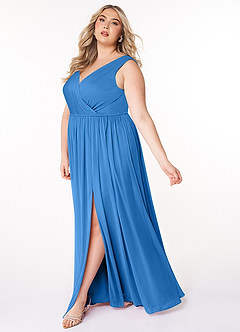 Azazie Tanicia Bridesmaid Dresses Blue Jay A-Line V-Neck Pleated Mesh Dress image7