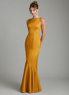 Azazie Tamera Robes de demoiselle d'honneur Robe Sirène en Satin extensible Plissée Caramel écossais image2