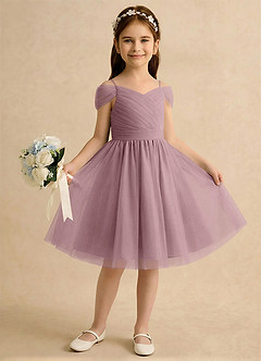 Azazie Lila Girls Formal Flower Girl Dresses Dusty Rose A-Line Off the Shoulder Tulle Dress image4
