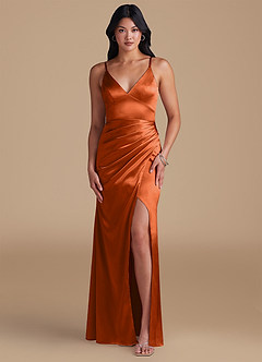 Azazie Shania Bridesmaid Dresses Burnt Orange Sheath Pleated Metallic Satin Dress image1