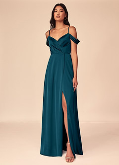 Azazie Ocean Bridesmaid Dresses Ink Blue A-Line V-Neck Pleated Stretch Satin Dress image1